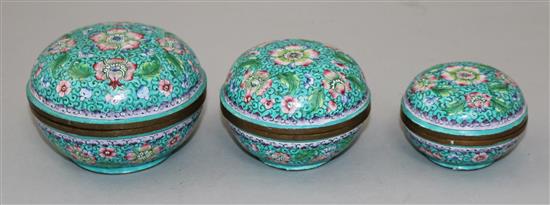 A nest of three Canton enamel boxes and covers, 4in et infra.